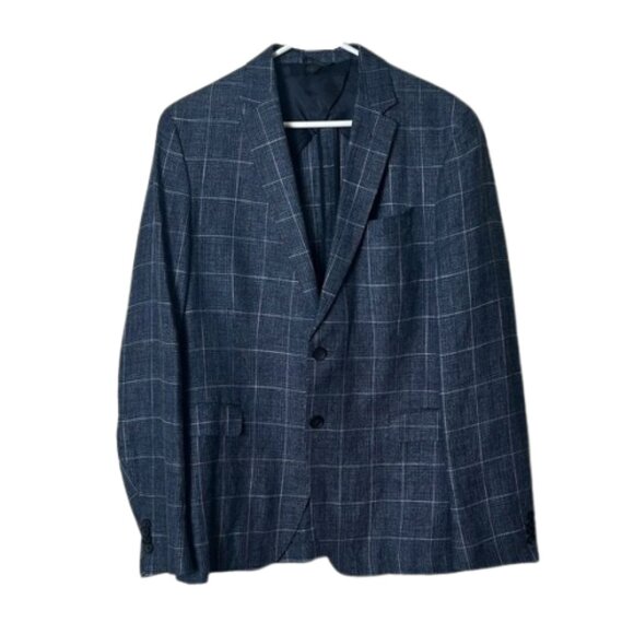 Hugo Boss blue plaid reda wool linen blend blazer men's 42R sport coat